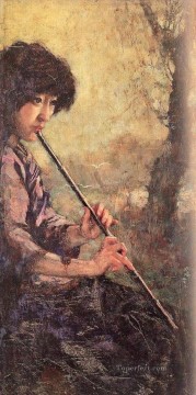 Xu Beihong Ju Peon Painting - Xu Beihong the sound of the flute in oil